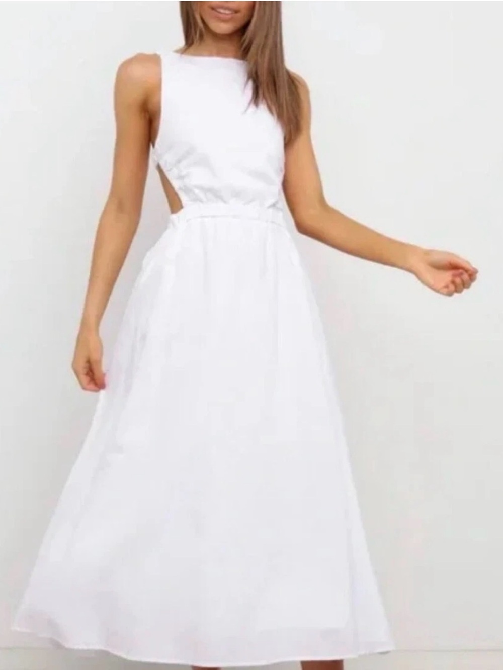 Petal & Pup White Sleeveless Midi Dress with Side Cutouts and Full Skirt